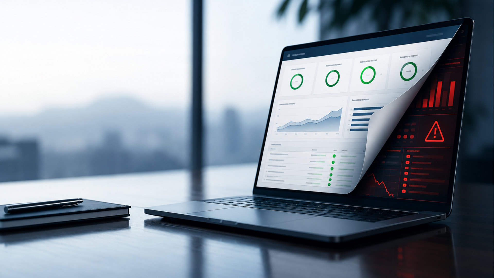 A laptop in a modern office shows a green performance dashboard peeling back to reveal a red warning dashboard beneath.