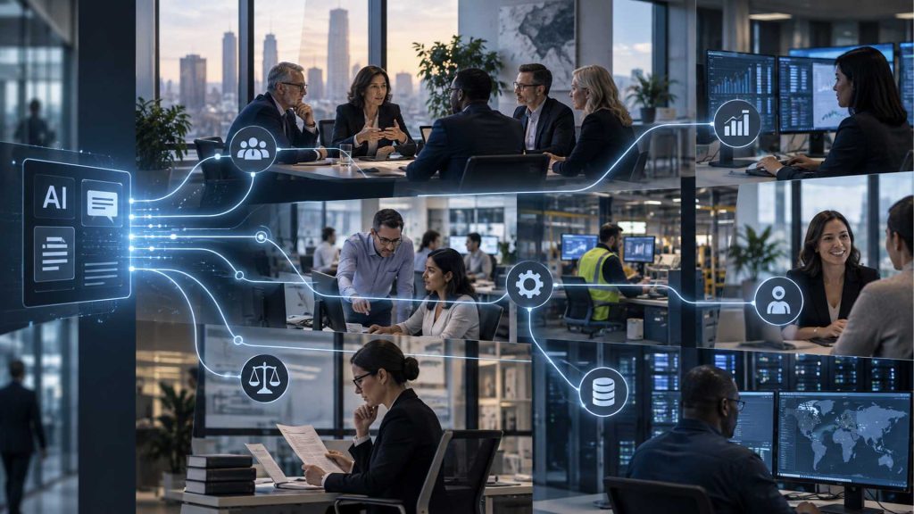 Graphic showing AI flowing into connected organizational functions including leadership, operations, governance, finance, people, customer service, and data and technology.