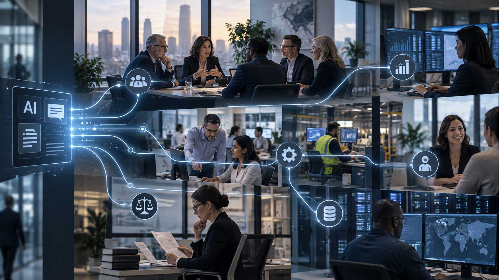Graphic showing AI flowing into connected organizational functions including leadership, operations, governance, finance, people, customer service, and data and technology.