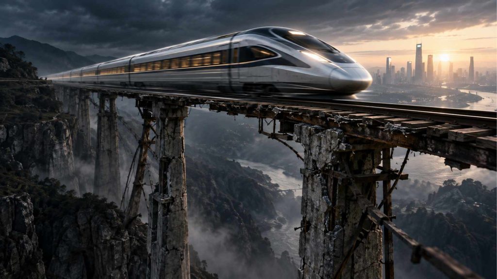 A high-speed train races across an aging, crumbling elevated bridge above a deep valley, representing rapid business growth outpacing the strength of the operating foundation.