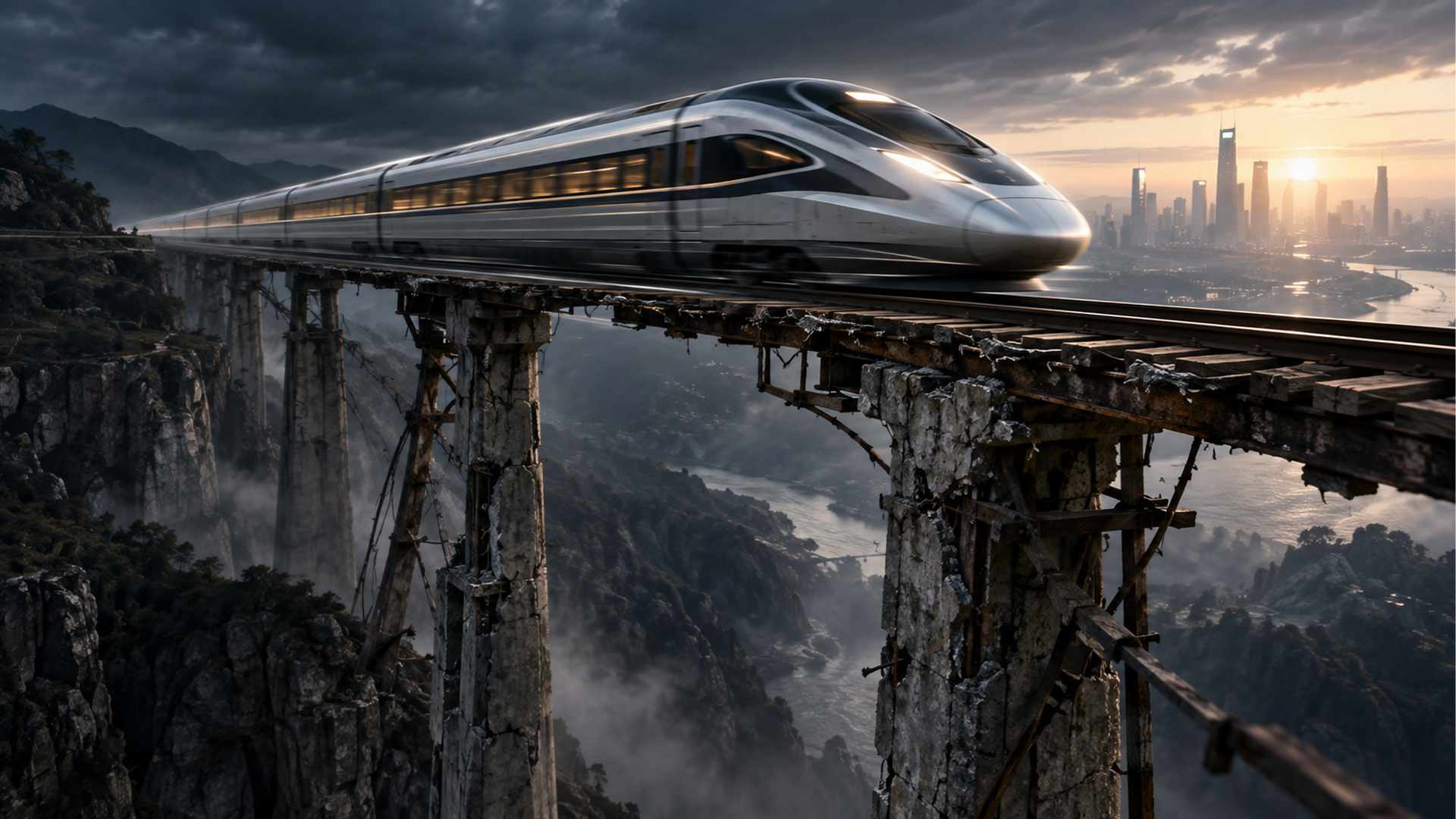 A high-speed train races across an aging, crumbling elevated bridge above a deep valley, representing rapid business growth outpacing the strength of the operating foundation.