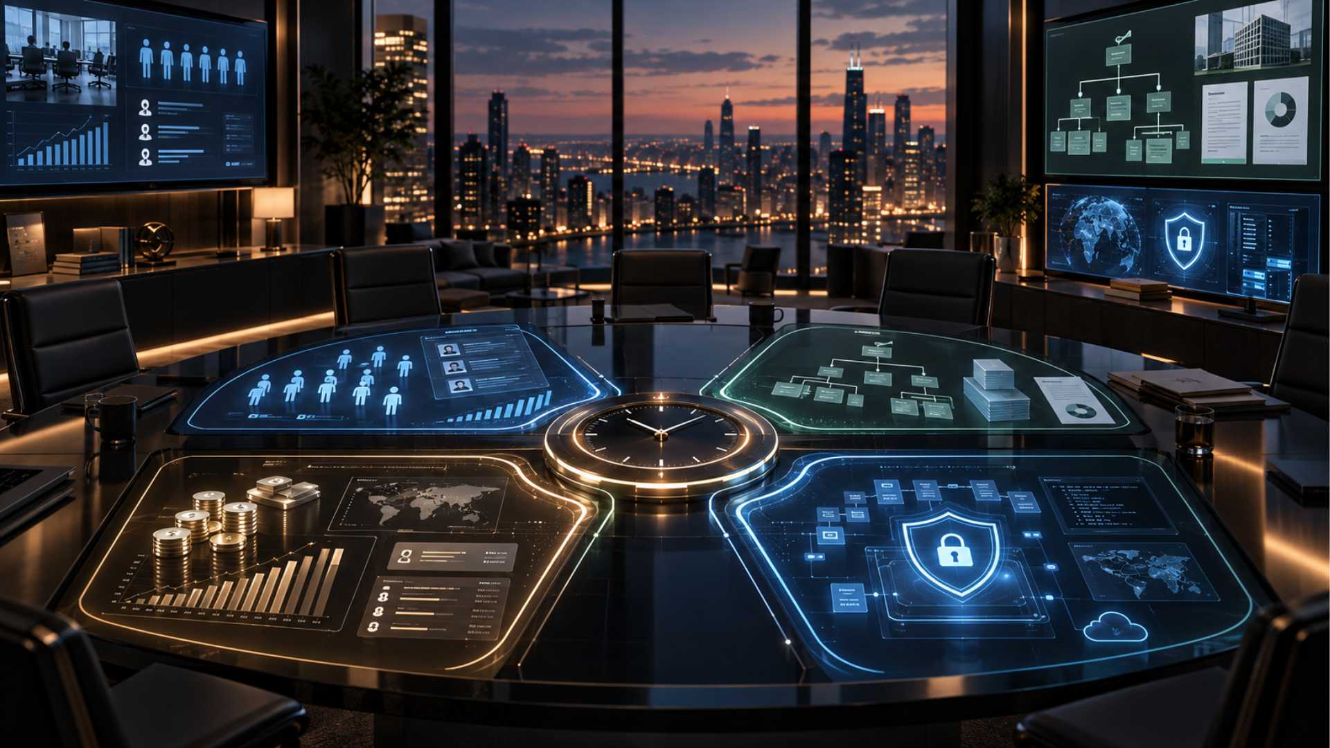 Executive strategy command center overlooking a city skyline at dusk, with connected displays showing workforce, governance, financial, cybersecurity and operating-system information converging around a central clock, representing scaling governance under timed obligations.