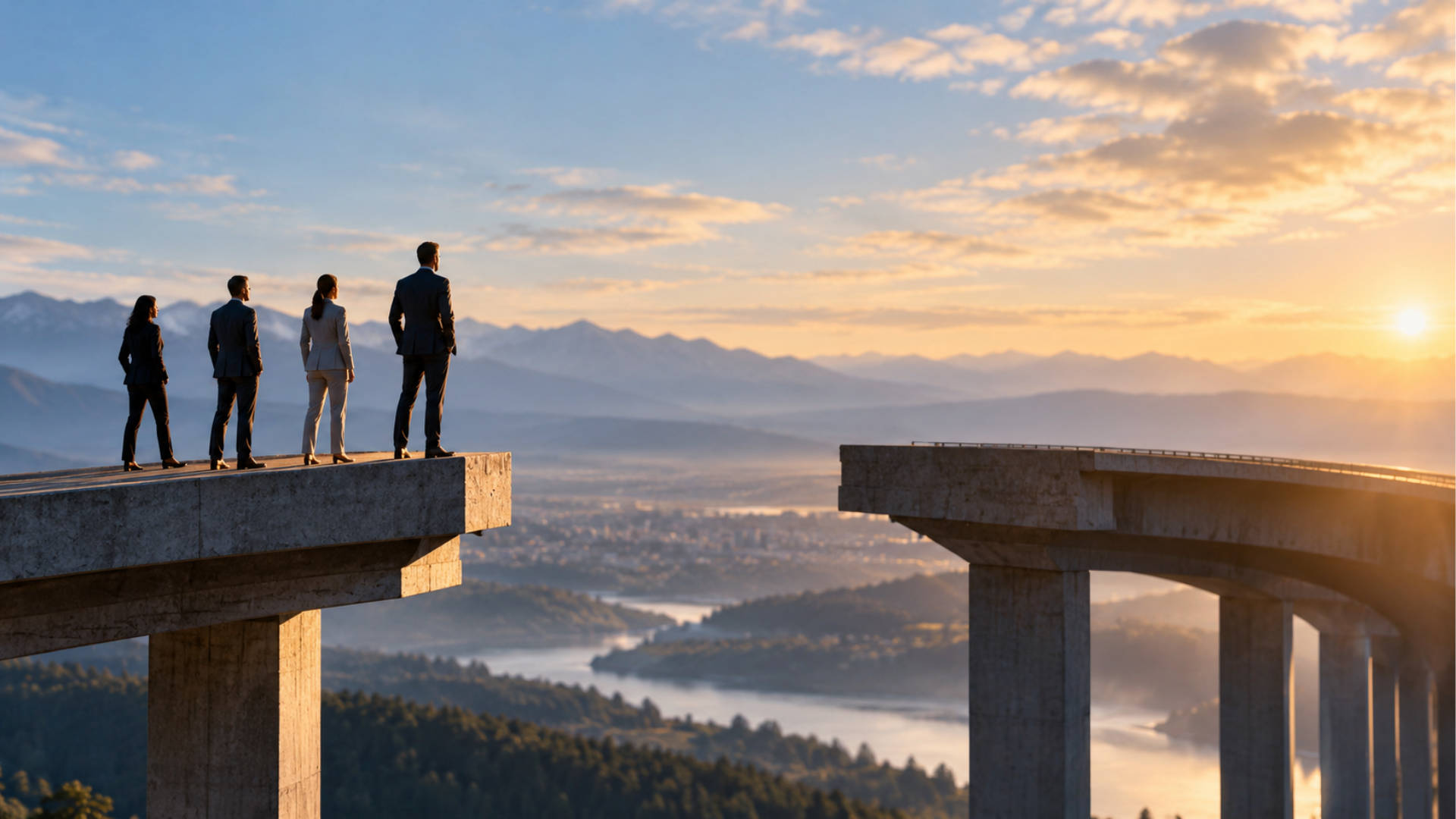 Four business professionals stand on an unfinished bridge at sunrise, facing a gap to the next span, symbolizing the need for management systems to mature as organizational complexity grows.
