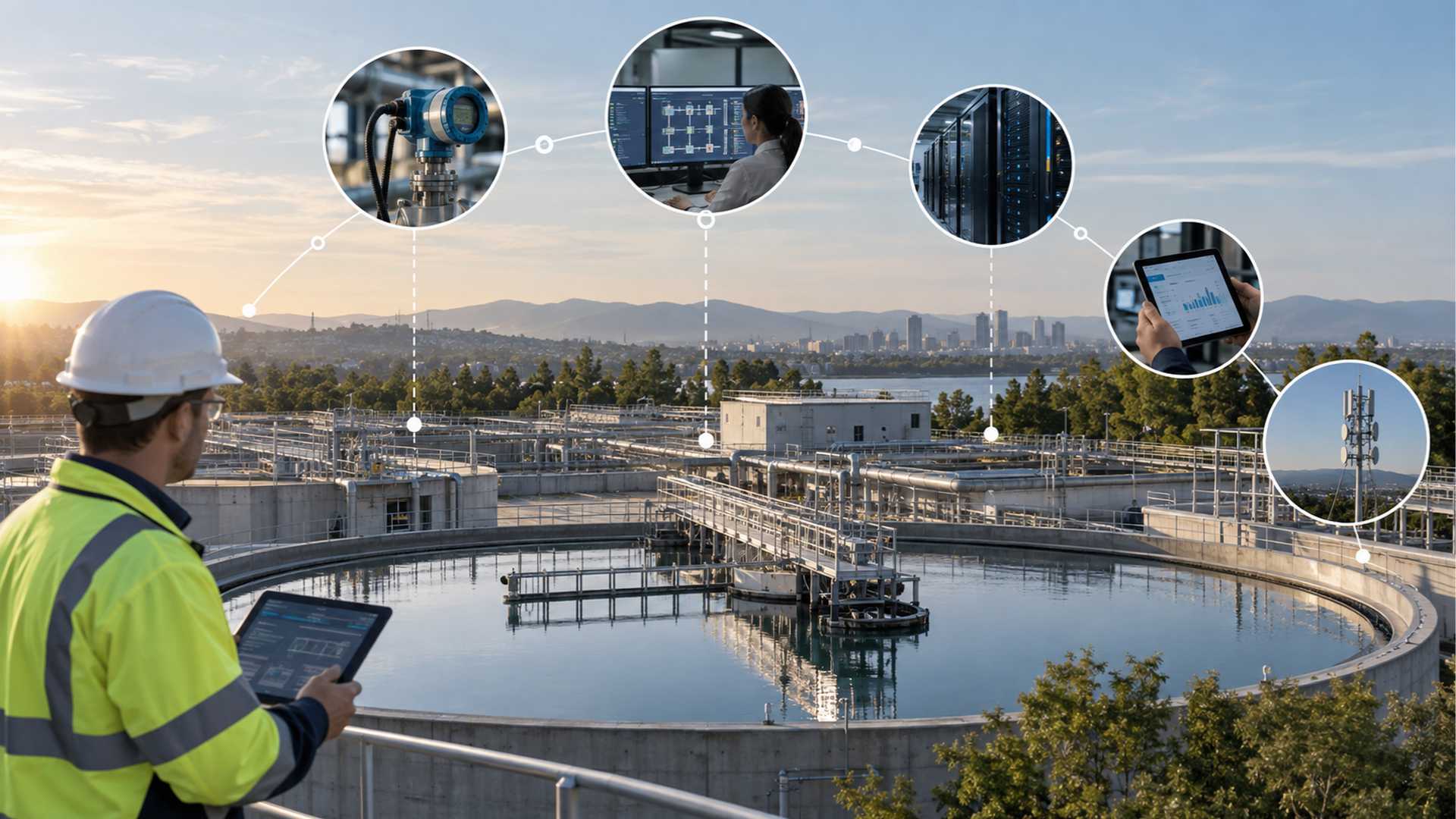 Water treatment infrastructure with pumps and pipes shown as part of a connected operating environment, illustrating that physical assets depend on wider digital and decision systems.