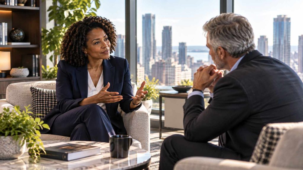 Two senior professionals in a focused executive coaching conversation in a modern office overlooking a city skyline.
