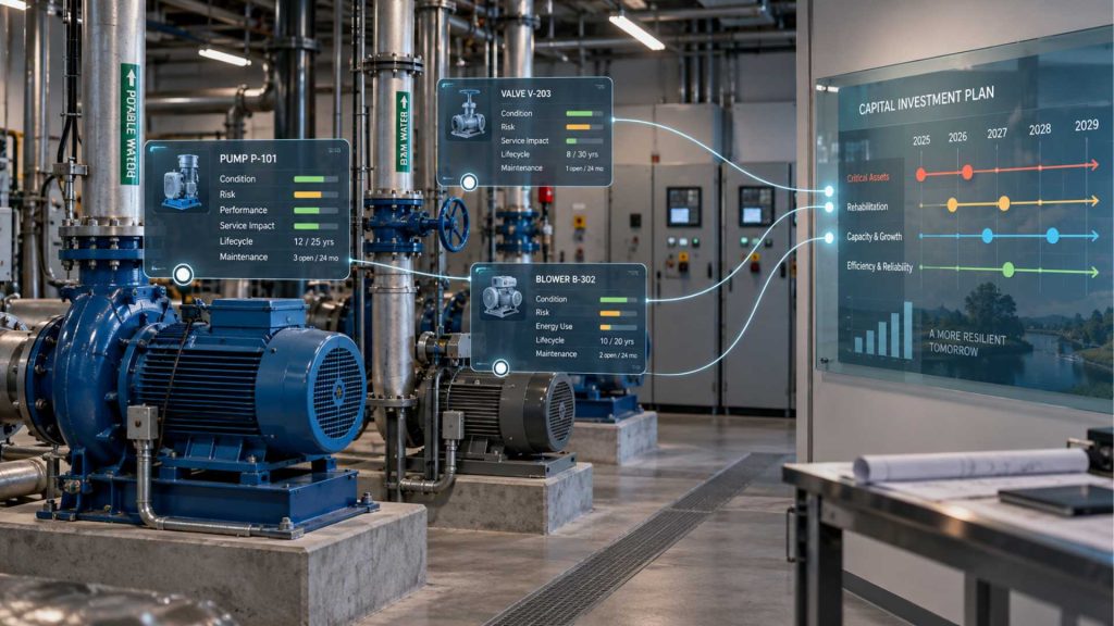 Industrial pump and equipment room with virtual condition, risk, service impact, lifecycle and maintenance data tags connected visually to a capital investment roadmap, showing how asset information can support investment decisions.