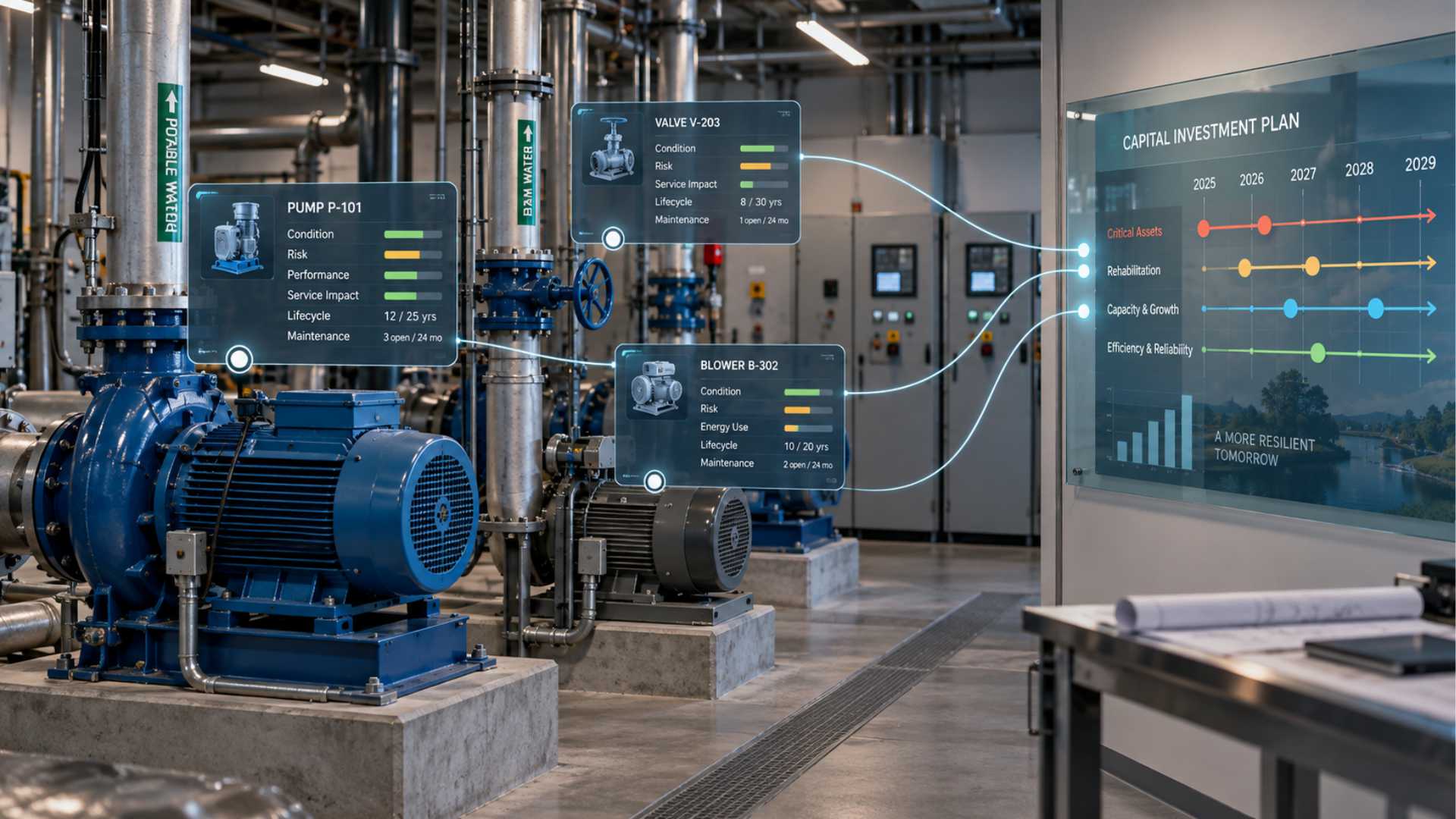 Industrial pump and equipment room with virtual condition, risk, service impact, lifecycle and maintenance data tags connected visually to a capital investment roadmap, showing how asset information can support investment decisions.